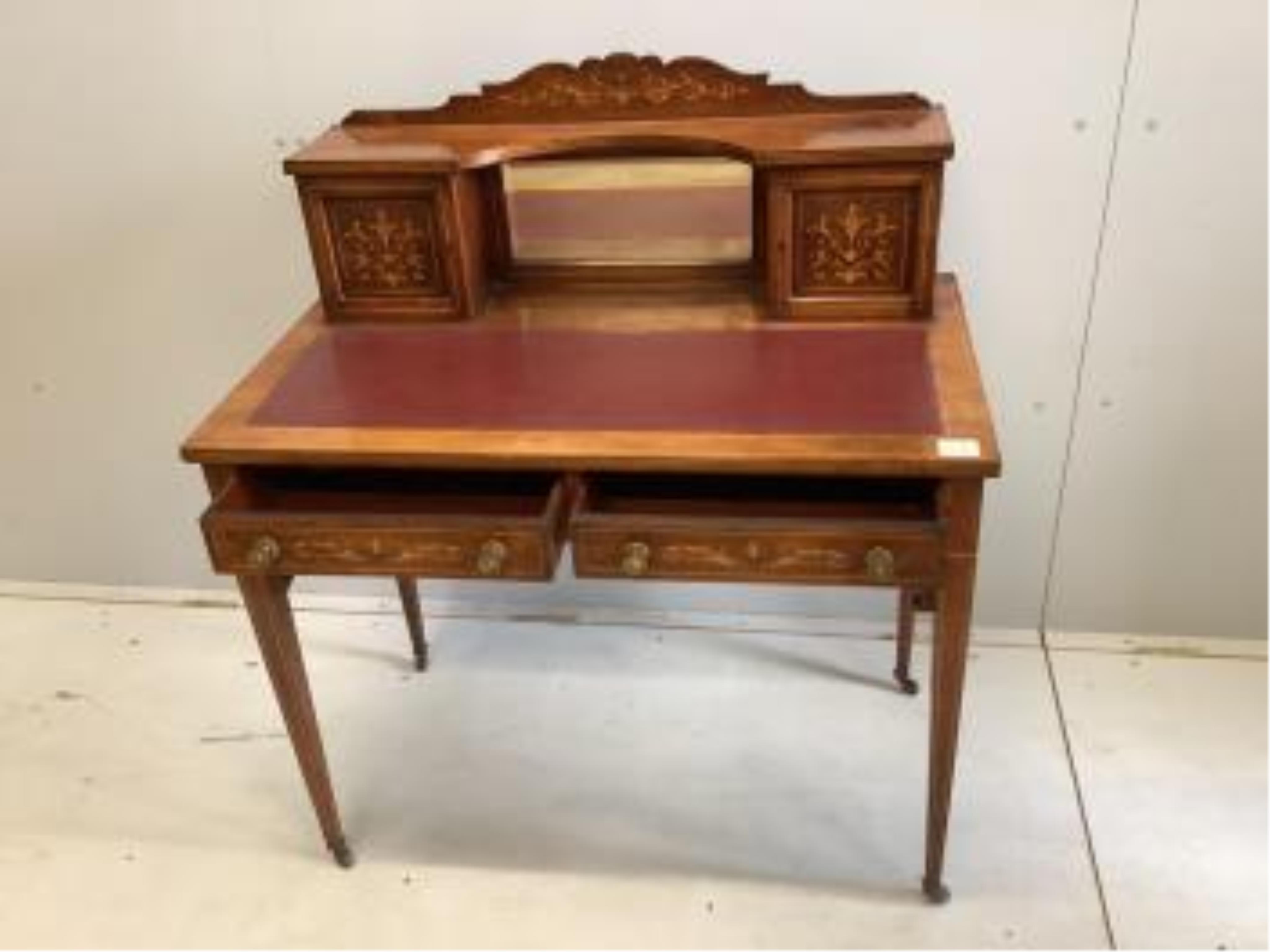 An Edwardian marquetry inlaid rosewood kneehole desk, width 91cm, depth 51cm, height 103cm. Condition - fair-good